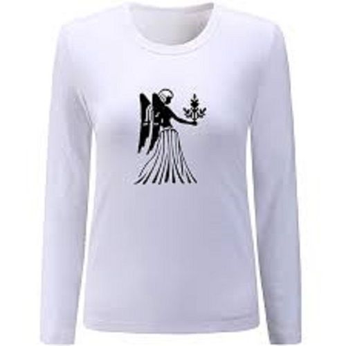 White Ladies Casual Wear Full Sleeve Round Neck Printed Cotton T Shirts