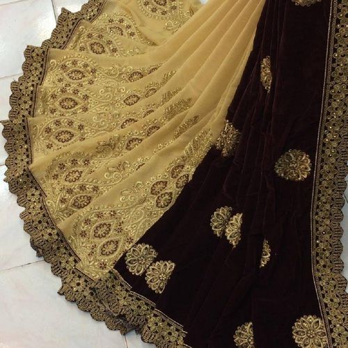 Ladies Party Wear Velvet and Embroidered Work Saree