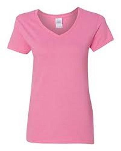 Baby Pink Ladies V Neck Short Sleeve Casual Wear Cotton T Shirts