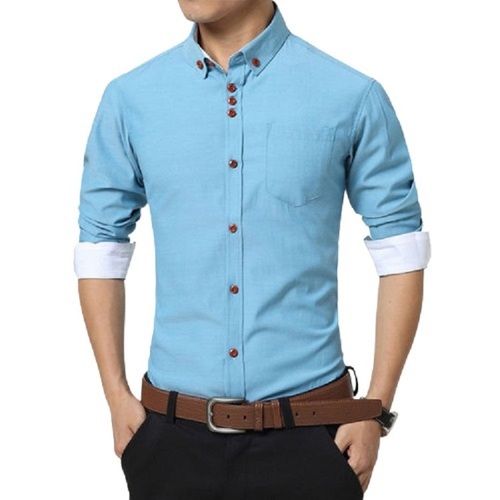 Sky Blue Mens Plain Full Sleeve Straight Collar Cotton Shirt