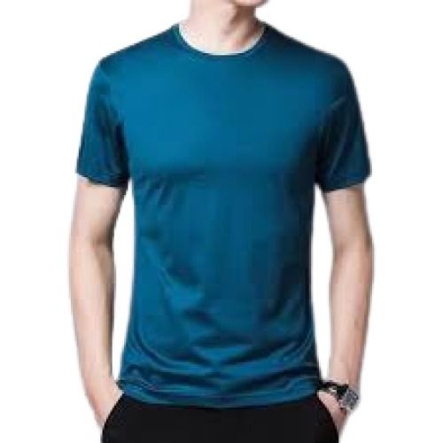 Blue Mens Round Neck Short Sleeve Silk T Shirt