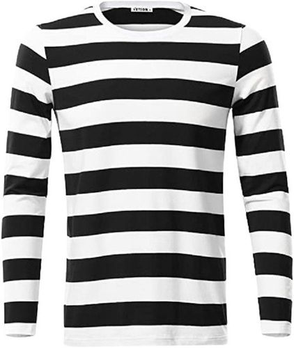 Mens Striped Long Sleeve Black With White O Neck Cotton T Shirt