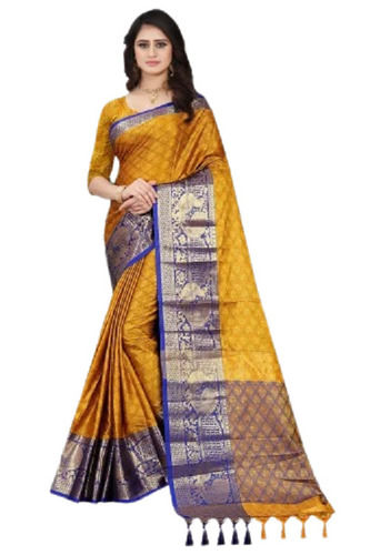 Yellow And Blue Party Wear Designer Zari Work Cotton Silk Saree With Blouse Piece