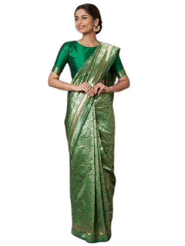 Party Wear Banarasi Saree - Cotton Silk, Unfadable Zari Work with Designer Blouse Piece, Elegant Printed Pattern in Rich Green