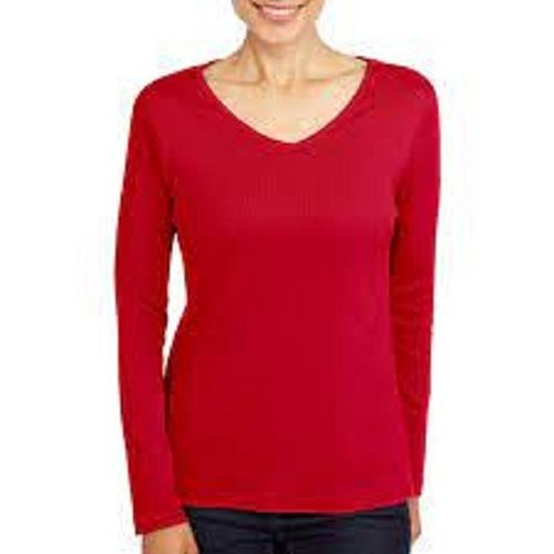 Red Plain Pattern Long Sleeve V Neck Casual Wear Ladies T-Shirts