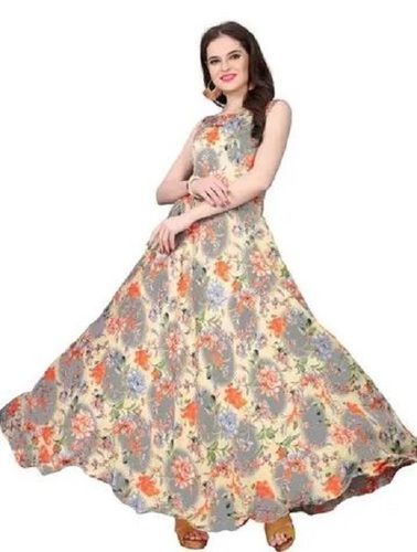 Multicolor Silk Satin Sleeveless Digital Printed Gown