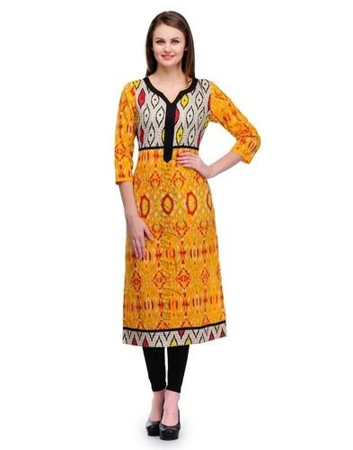 Washable And Light Weight Three Four Sleeves Printed Cotton Long Kurti