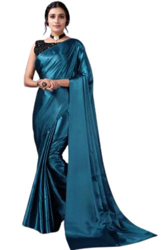 Women Bollywood Plain Satin Silk Saree With Blouse Piece