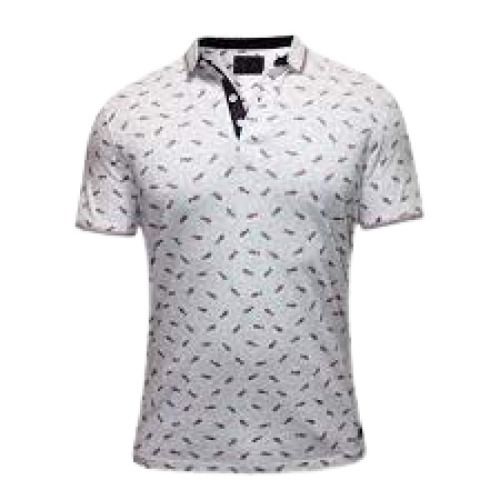 White Mens Printed Polo Neck Short Sleeve Casual Wear Cotton T Shirt