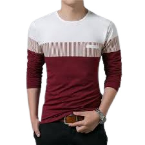 Mens Round Neck Full Sleeve Striped Pattern Cotton T Shirts - Cotton Material, Size: XS, S, M, L, XL, XXL, Color: White With Brown | Long Sleeve, Comfortable Fit, Stylish Design