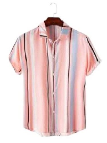 Mens Striped Short Sleeve Light Pink Cotton Casual Wear Shirt Chest Size: 44 Inch