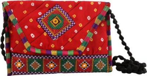 Red 10X1X6 Inches Rectangular Button Closure Embroidered Cotton Bag For Ladies 