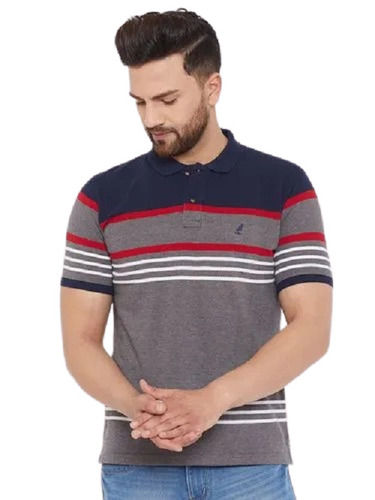 Multi Color Casual Wear Regular Fit Short Sleeves Polo Neck Striped Cotton T-Shirt For Mens