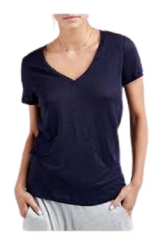 Navy Blue Ladies Plain V Neck Short Sleeve Casual Wear Cotton T Shirt