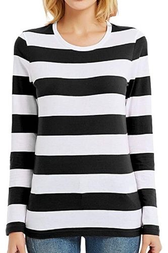 Ladies Striped O Neck Black With White Cotton T Shirt Age Group: Above 18