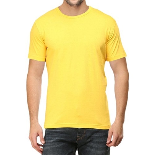 Mens Plain O Neck Short Sleeve Yellow Cotton T-Shirt - Cotton, XL Size, Yellow Color | Breathable Material, Regular Fit, Versatile Style