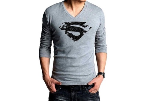 Mens Printed V Neck Long Sleeve Grey Cotton T Shirt Gender: Male