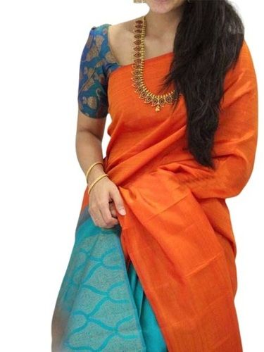 Orange With Blue Multi Color Plain Pattern Tradition Wear Ladies Silk Sarees