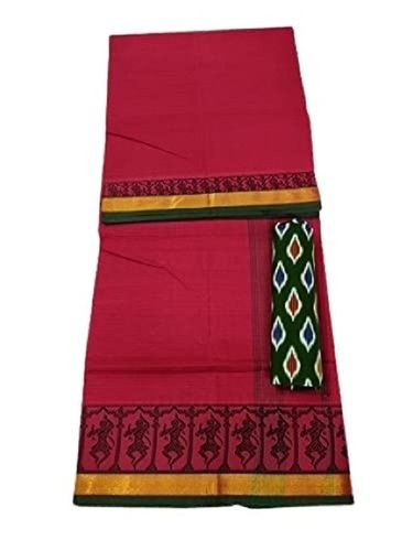 South Style Plain Pattern Casual Wear Chettinad Cotton Saree With Blouse 