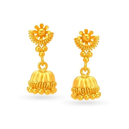 Yellow Traditional Light Weight Stud Closure 22 Karat Gold Beaded Floral Jhumkas