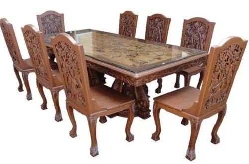 8 Seater Rectangular Polished Machine Made Teak Wooden Carved Dining Table
