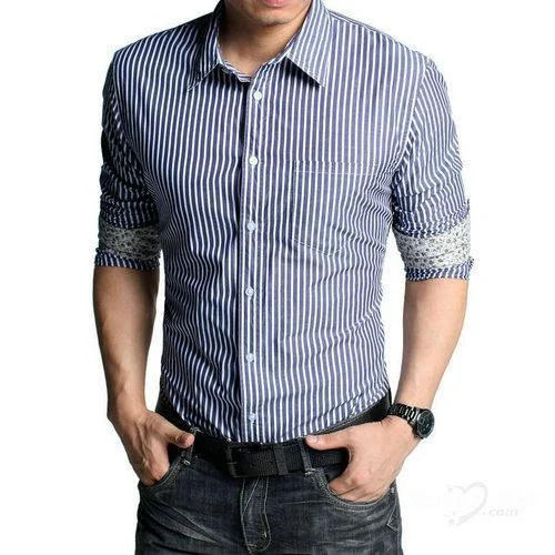 Casual Wear Regular Fit Long Sleeve Classic Collar Striped Cotton Shirt For Mens Age Group: 18 To 45