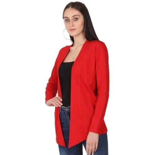 Red Casual Wear Regular Fit Long Sleeves Plain Dyed Cotton Shrug For Ladies