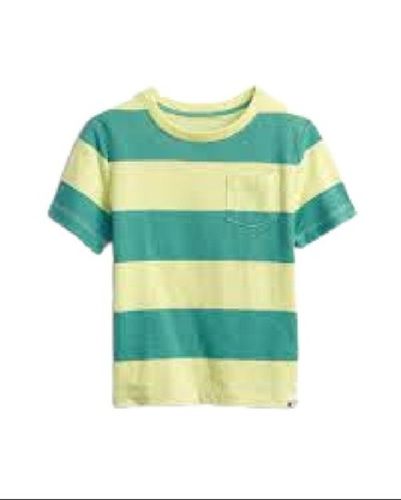 Breathable Kids Round Neck Half Sleeve Yellow With Green Striped Cotton T Shirt