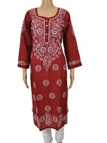 Maroon Ladies Printed Casual Wear 3/4Th Sleeves Pure Cotton Kurti