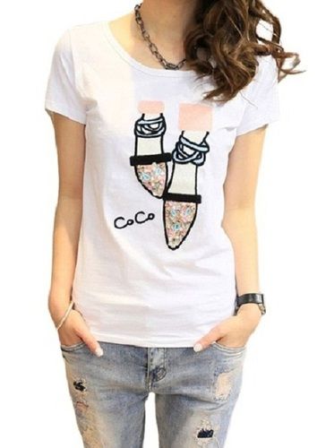 Ladies Printed White Short Sleeve Cotton T Shirt Gender: Female