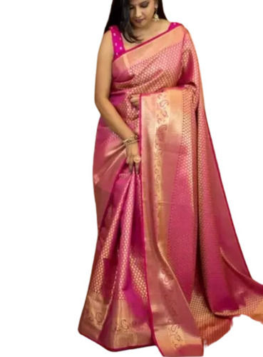 Pink And Golden Light Weight Party Wear Skin Friendly Banarasi Saree