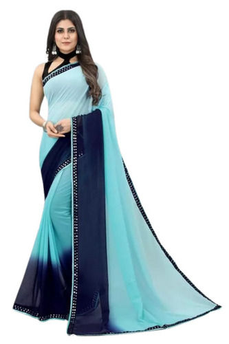 Pastel Blue Plain Organza Satin Saree With Bandhani Lace – Fabcurate