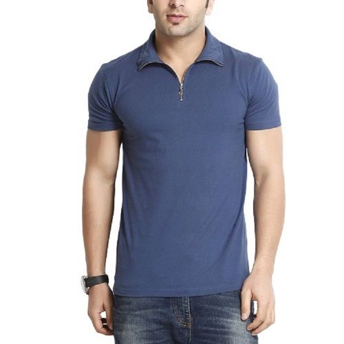 Men''s Cotton Short Sleeve Polo Neck T-Shirt - XL Size, Blue Color, Plain Design for Casual Wear