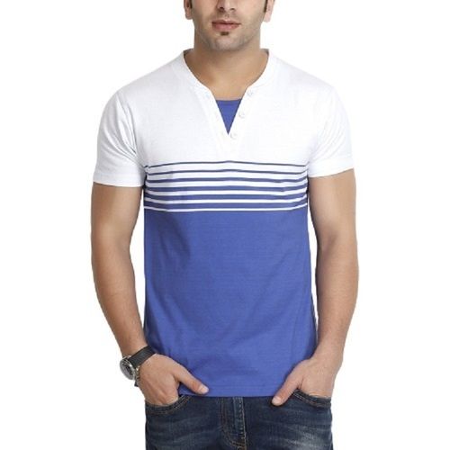 White With Blue Multi Color Striped Pattern Short Sleeve Pure Cotton Men'S T-Shirts