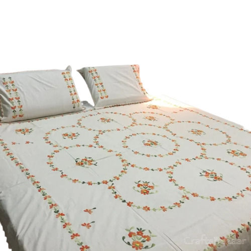 White And Golden Shrink Resistant Embroidered Non-Woven Cotton King Size Bed Cover With 2 Pillowcase