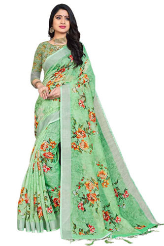 Multi Color Skin Friendly Casual Wear Printed Linen Saree With Blouse Piece