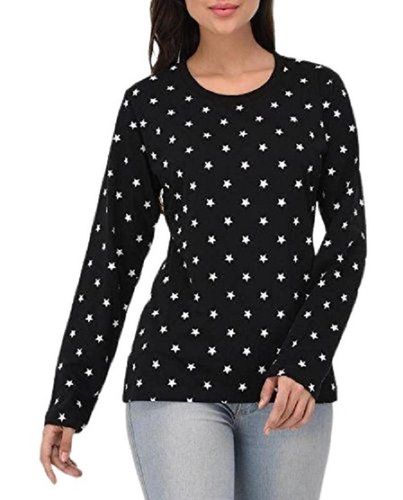 Ladies Printed Long Sleeve Black Cotton T Shirt