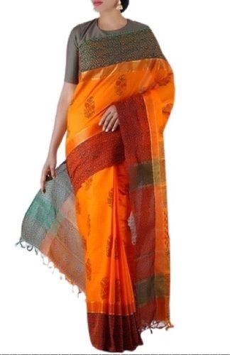 Summer Ladies Printed Orange Casual Wear Cotton Saree