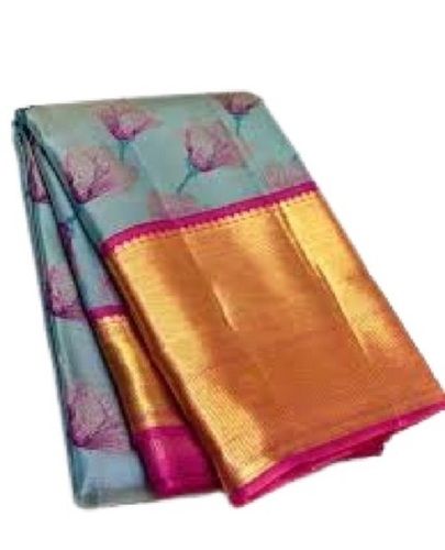 Summer Ladies Sky Blue With Pink Printed Party Wear Silk Saree