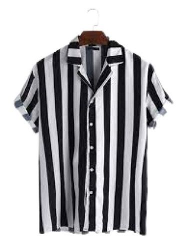 Mens Short Sleeve Black With White Striped Casual Shirt Chest Size: 32 Cm