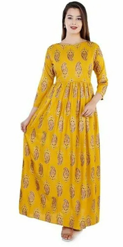 Cotton Anarkali Kurti - Yellow Tint, 35-40 Inch Length | Lightweight, Breathable, Modern Feminine Design, Long Sleeves, Printed Pattern