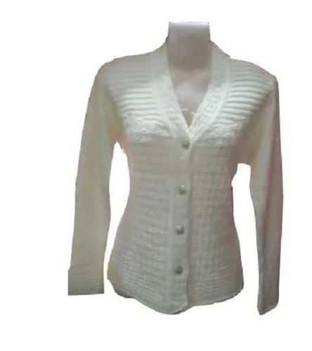 White Long Sleeve V Neck Woolen Sweater For Ladies