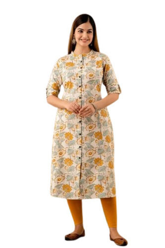 Multicolor Casual Wear Regular Fit 3-4Th Sleeve Skin Friendly Printed Cotton Ladies Kurti 