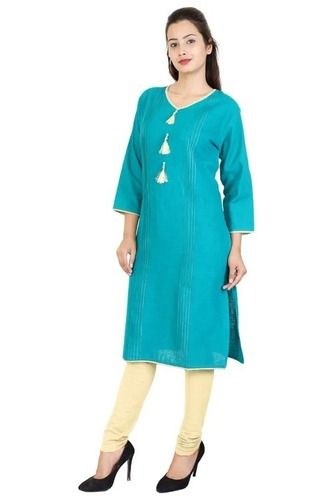 Sky Blue Casual Wear Regular Fit 3/4Th Sleeve V-Neck Plain Cotton Kurti For Ladies