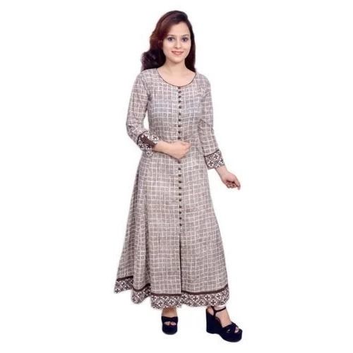 Casual Wear Regular Fit Full Sleeve Round Neck Printed Cotton Long Kurti For Ladies Bust Size: 36 Inch (In)