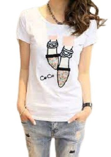 Ladies Causal Wear Round Neck Half Sleeve White Printed Cotton T Shirts