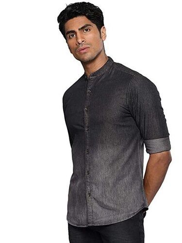 Black Mens Full Sleeves Chinese Collar Washed Casual Denim Shirt