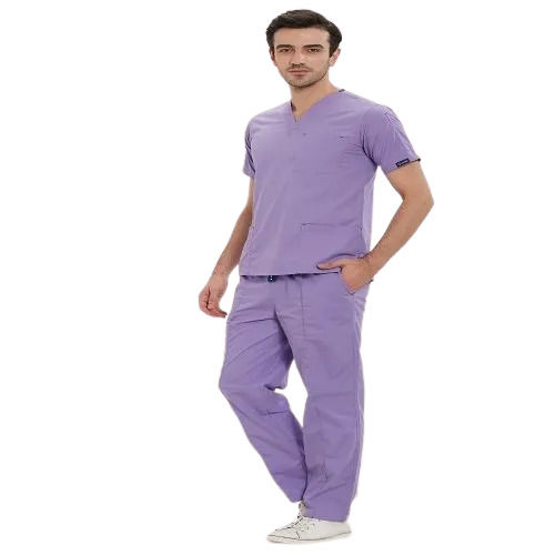 Purple Skin Friendly Double Pocket Short Sleeves V-Neck Plain Cotton Scrub Suit 