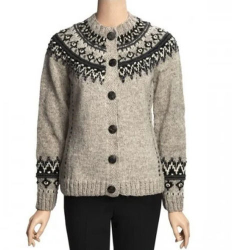 Grey Button Closure Full Sleeves Printed Woolen Fancy Cardigan For Women