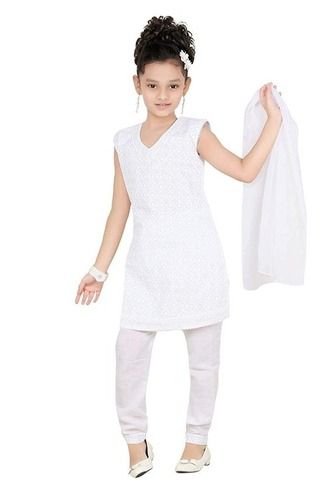 White Plain Sleeveless Casual Wear Churidar Salwar Suit For Girls With Dupatta 